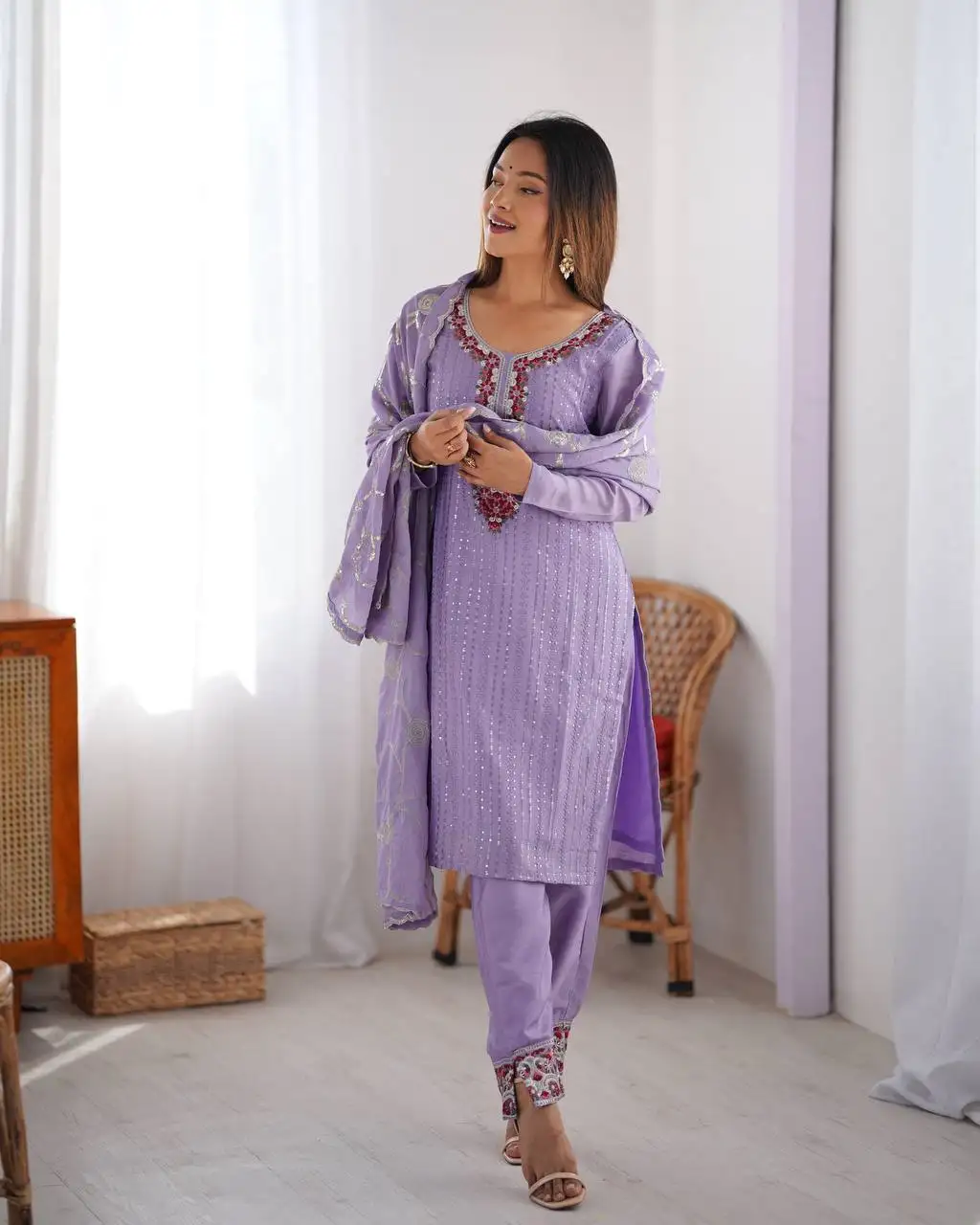 Women's Chinon Silk Sequence And Thread Work Straight Kurti With Pant and Dupatta Set - Image 5