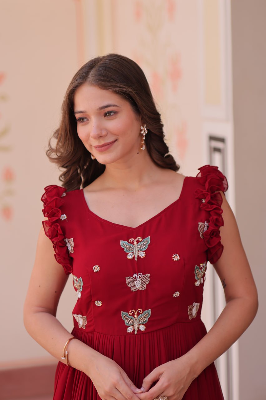 Women's Elegant Plum Purple Georgette Anarkali Gown with Butterfly Applique & Ruffle Sleeves β Festive & Special Occasion Wear - Image 13